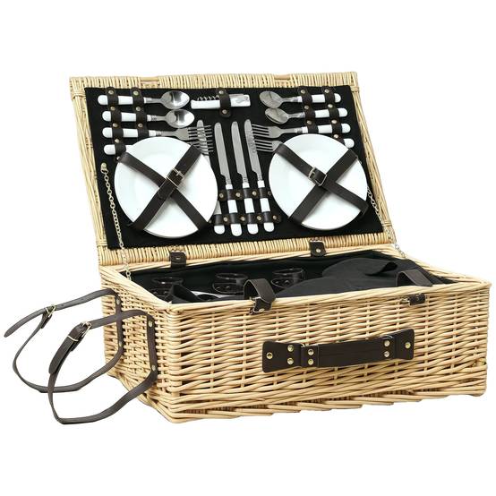 Panier Pique-Nique Osier 4 Personnes Sac Isotherme 54x34x20cm Bois Naturel - ComfortXL Outdoor Living - Image 1