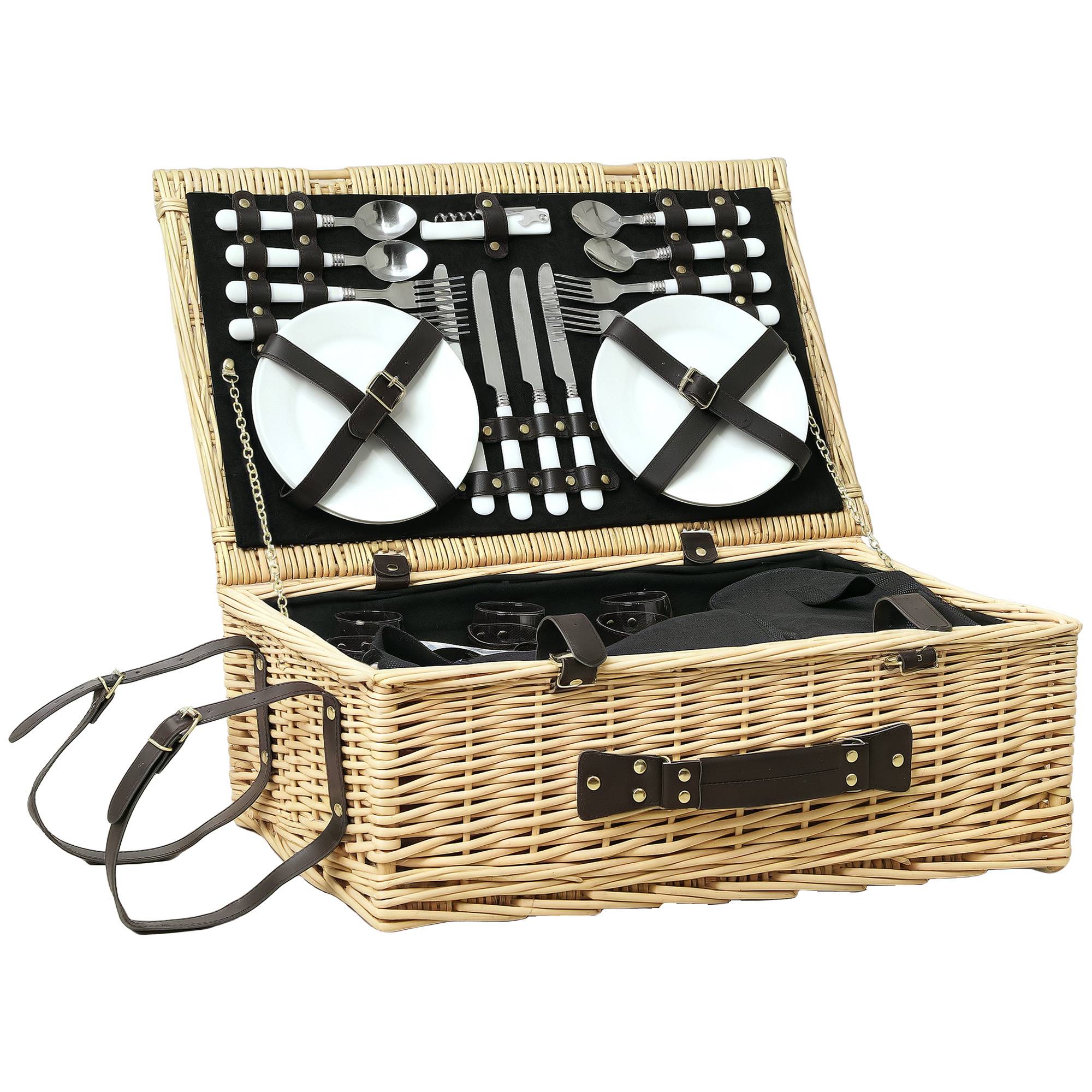Panier Pique-Nique Osier 4 Personnes Sac Isotherme 54x34x20cm Bois Naturel - ComfortXL Outdoor Living - Image 1