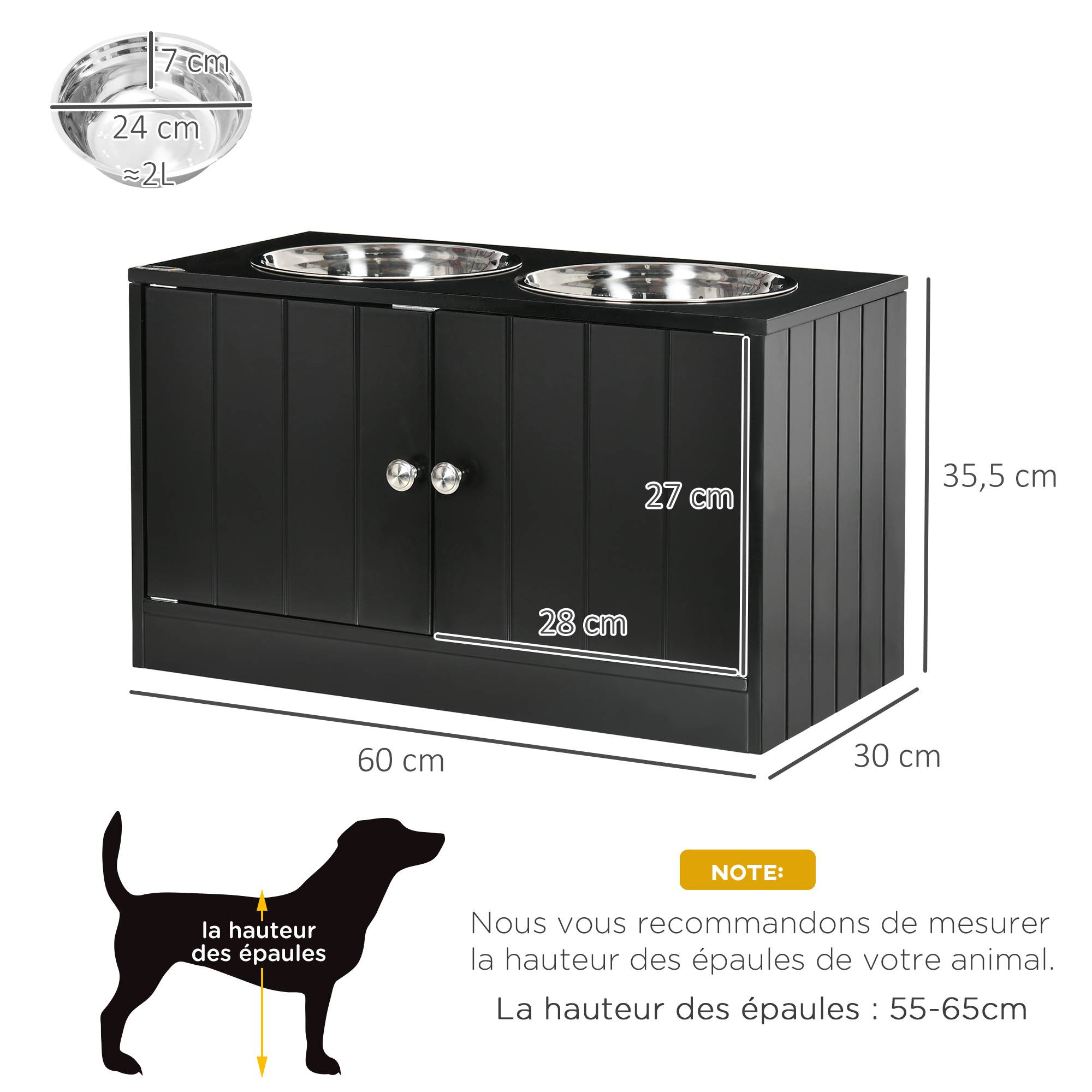 Gamelles chiens surélevées gamelle double chien chat porte-gamelles 60 x 30 x 35,5 cm 2 gamelles 2L acier inox incluses - Image 4