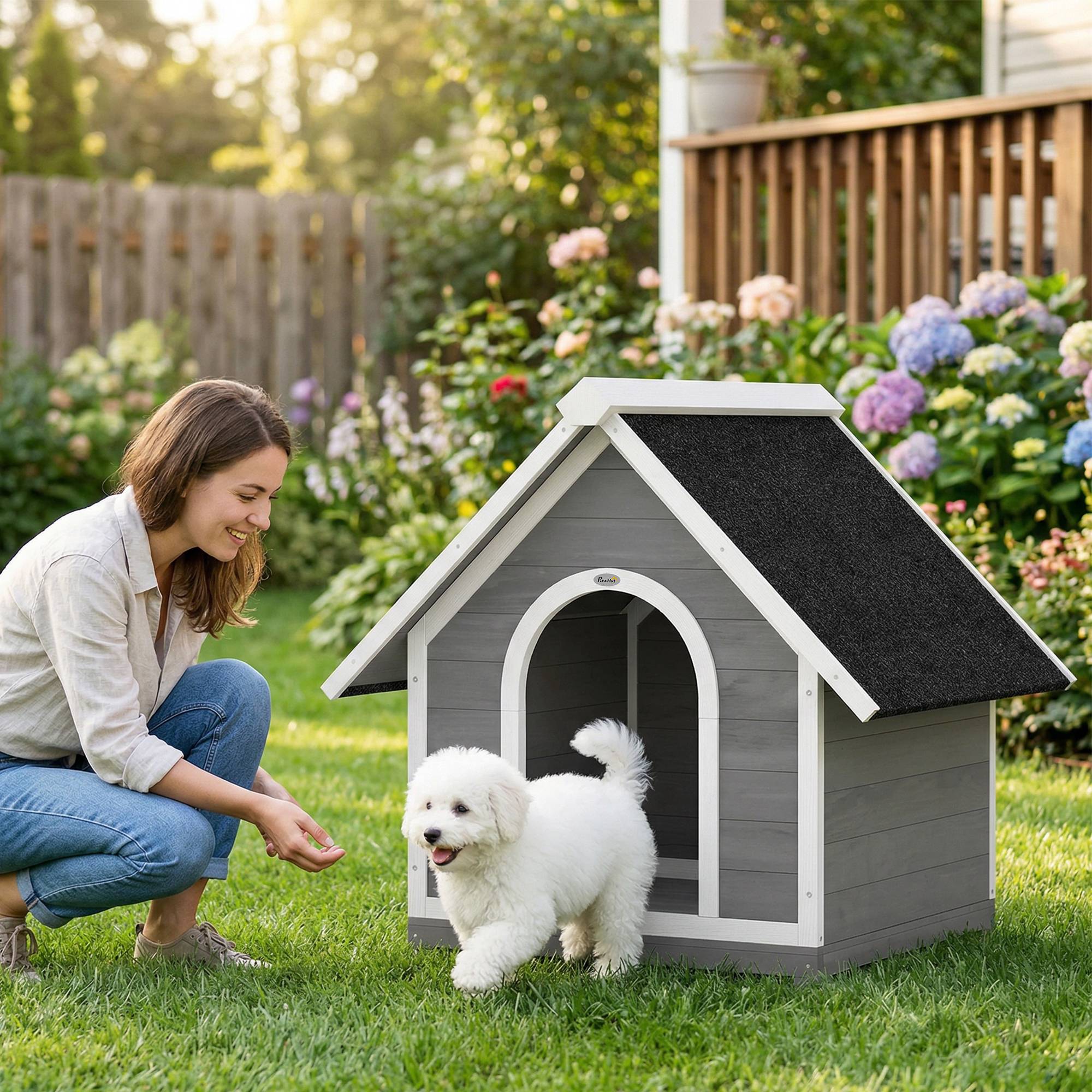 Sans Marque - Niche pour Chien Extérieur Maison pour Chien Corps Entièrement Ouvrant pour Nettoyage Facile 84x101x86 cm Gris et Blanc - Image 3