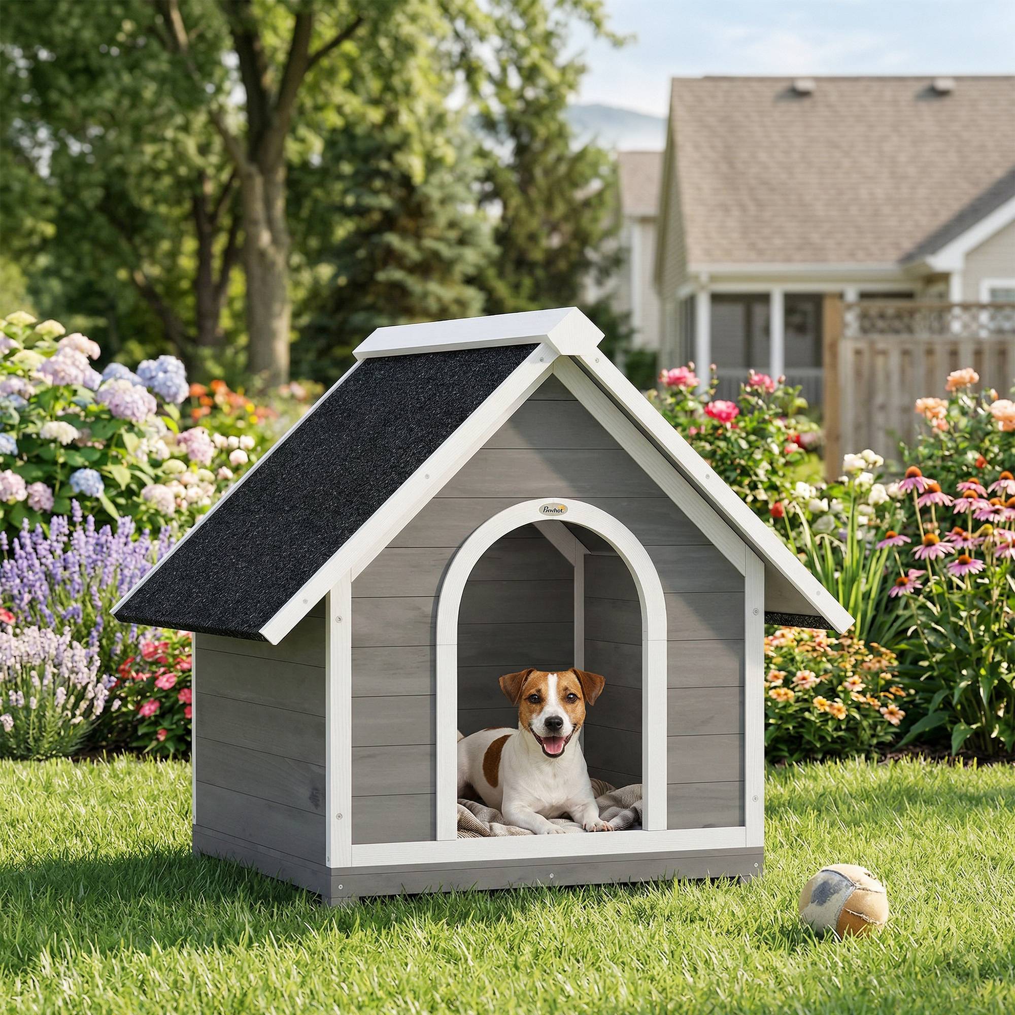 Sans Marque - Niche pour Chien Extérieur Maison pour Chien Corps Entièrement Ouvrant pour Nettoyage Facile 84x101x86 cm Gris et Blanc - Image 4