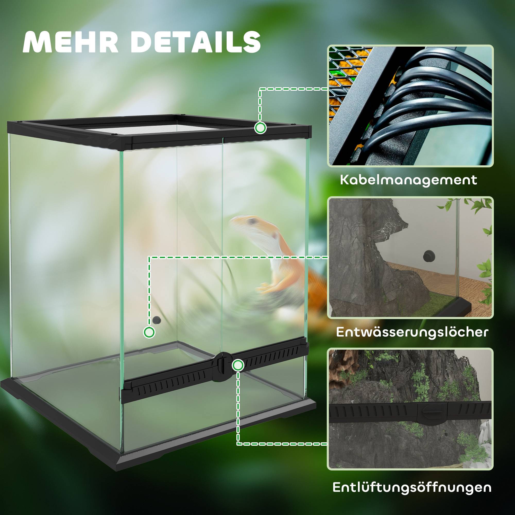 ComfortXL - Terrarium reptiles en verre trempé 45 x 45 x 60 cm noir 120 L ventilé verrouillable avec gestion des câbles - Image 8