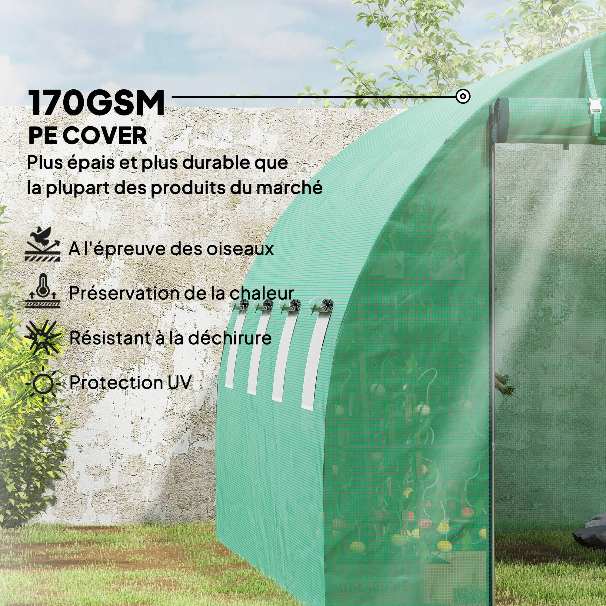 Sans Marque - Serre tunnel jardin 4x2 m acier galvanisé PE porte enroulable grandes fenêtres serre potager verte extérieure - Image 6