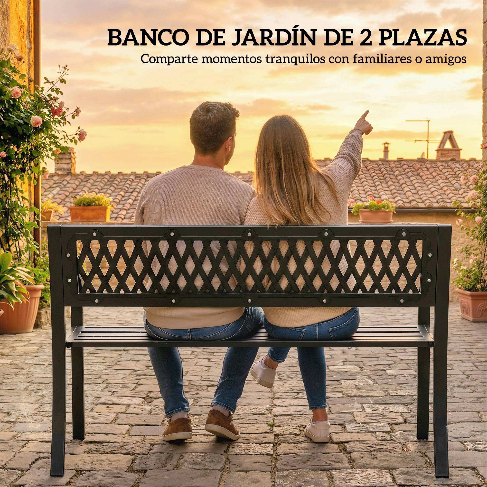 ComfortXL - Banc de jardin acier plastique 2 places patio dossier minimaliste 119x50x75 cm noir - ComfortXL Outdoor Living - Image 6