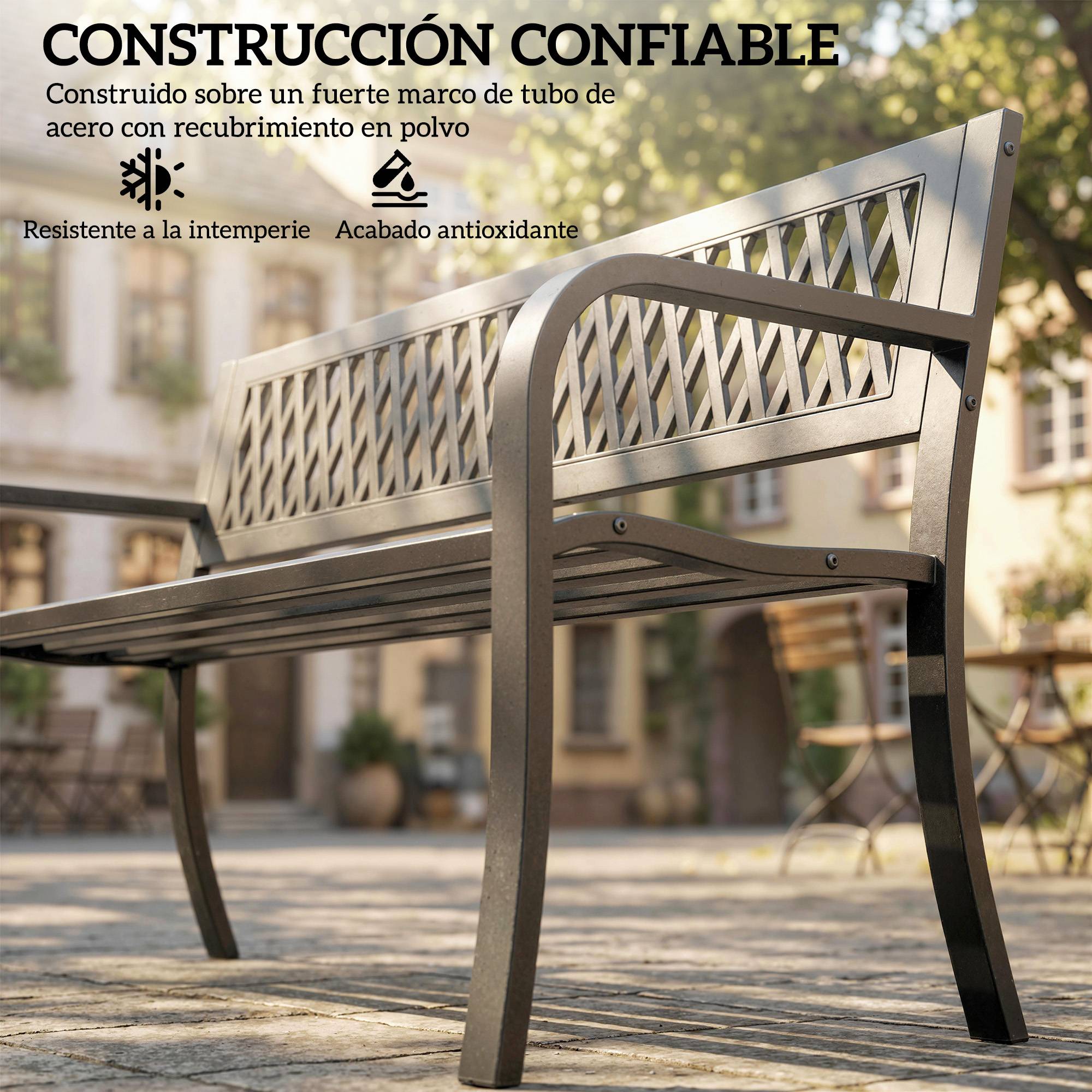 ComfortXL - Banc de jardin acier plastique 2 places patio dossier minimaliste 119x50x75 cm noir - ComfortXL Outdoor Living - Image 7