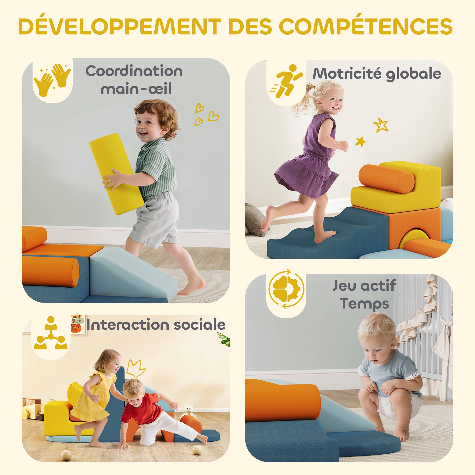 Parcours motricité bébé 9PCS, module motricité bébé en mousse avec housse amovible en revêtement velours, multicolore - Image 9