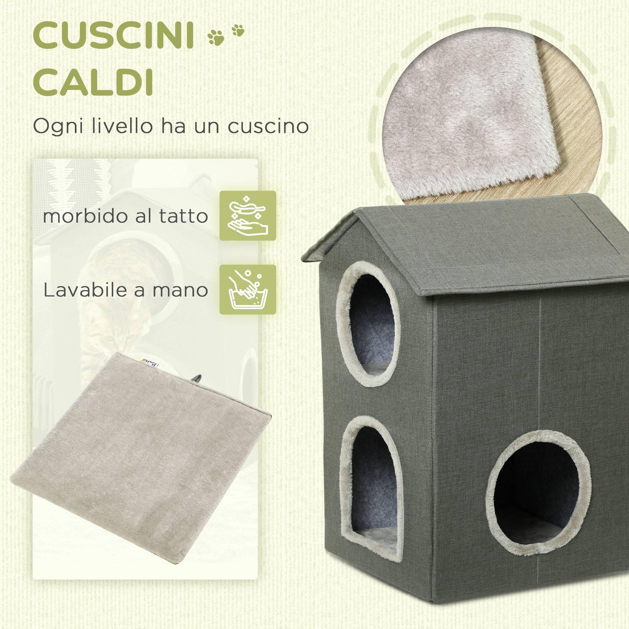 Maison pour chat à deux niveaux avec coussins lavables, 3 entrées, 42 x 46 x 59,5 cm, grise - Image 7