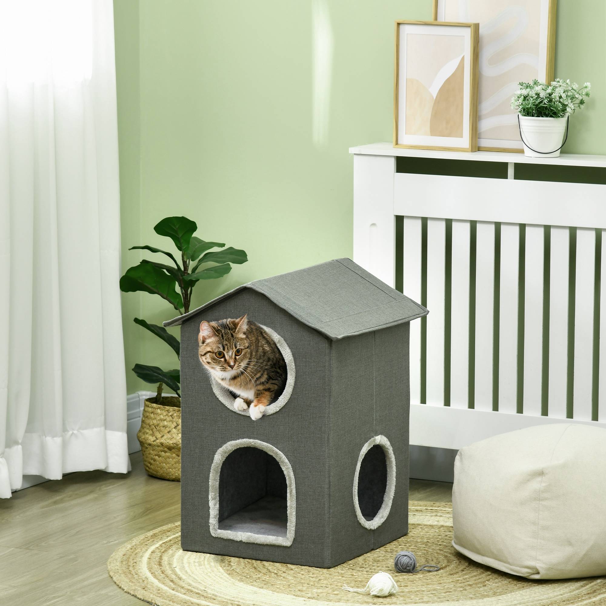 Maison pour chat à deux niveaux avec coussins lavables, 3 entrées, 42 x 46 x 59,5 cm, grise - Image 4
