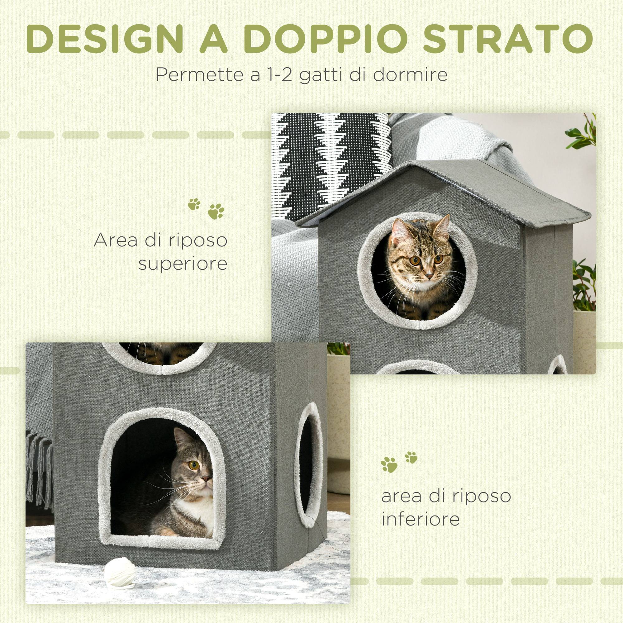 Maison pour chat à deux niveaux avec coussins lavables, 3 entrées, 42 x 46 x 59,5 cm, grise - Image 6
