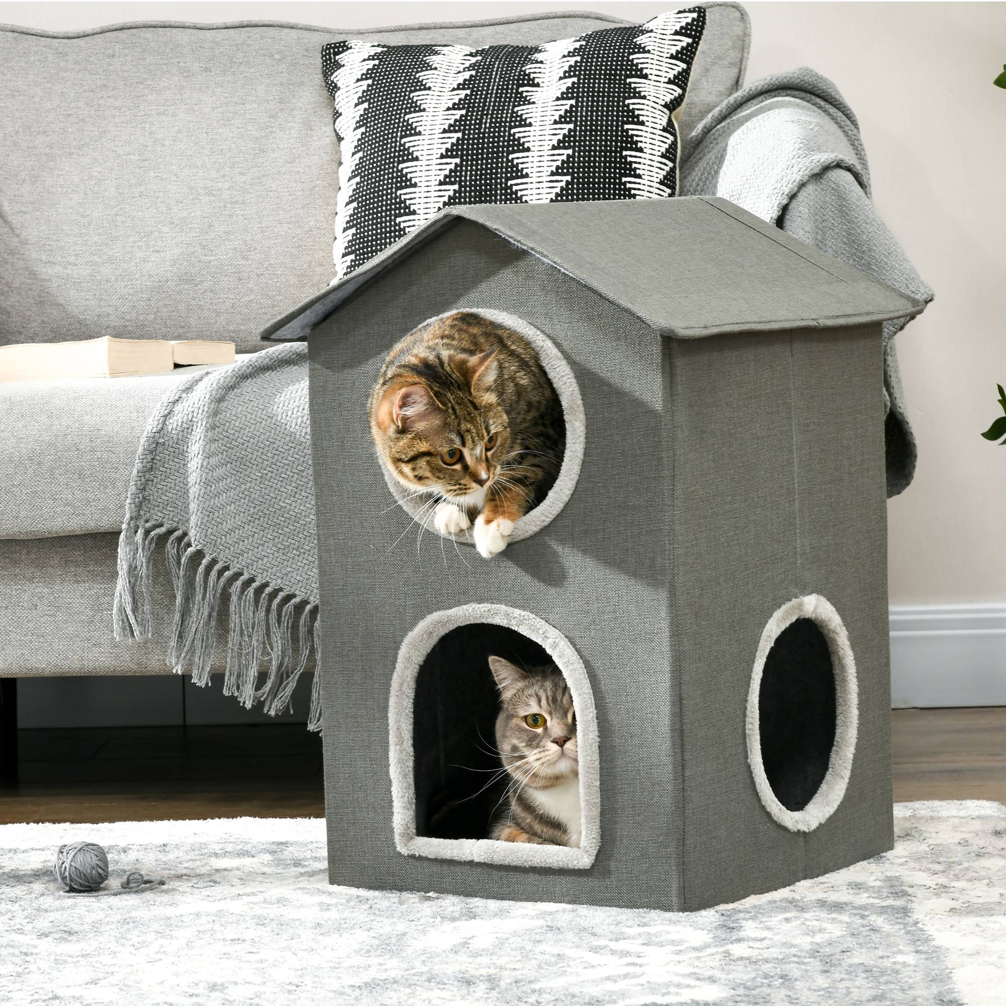 Maison pour chat à deux niveaux avec coussins lavables, 3 entrées, 42 x 46 x 59,5 cm, grise - Image 3