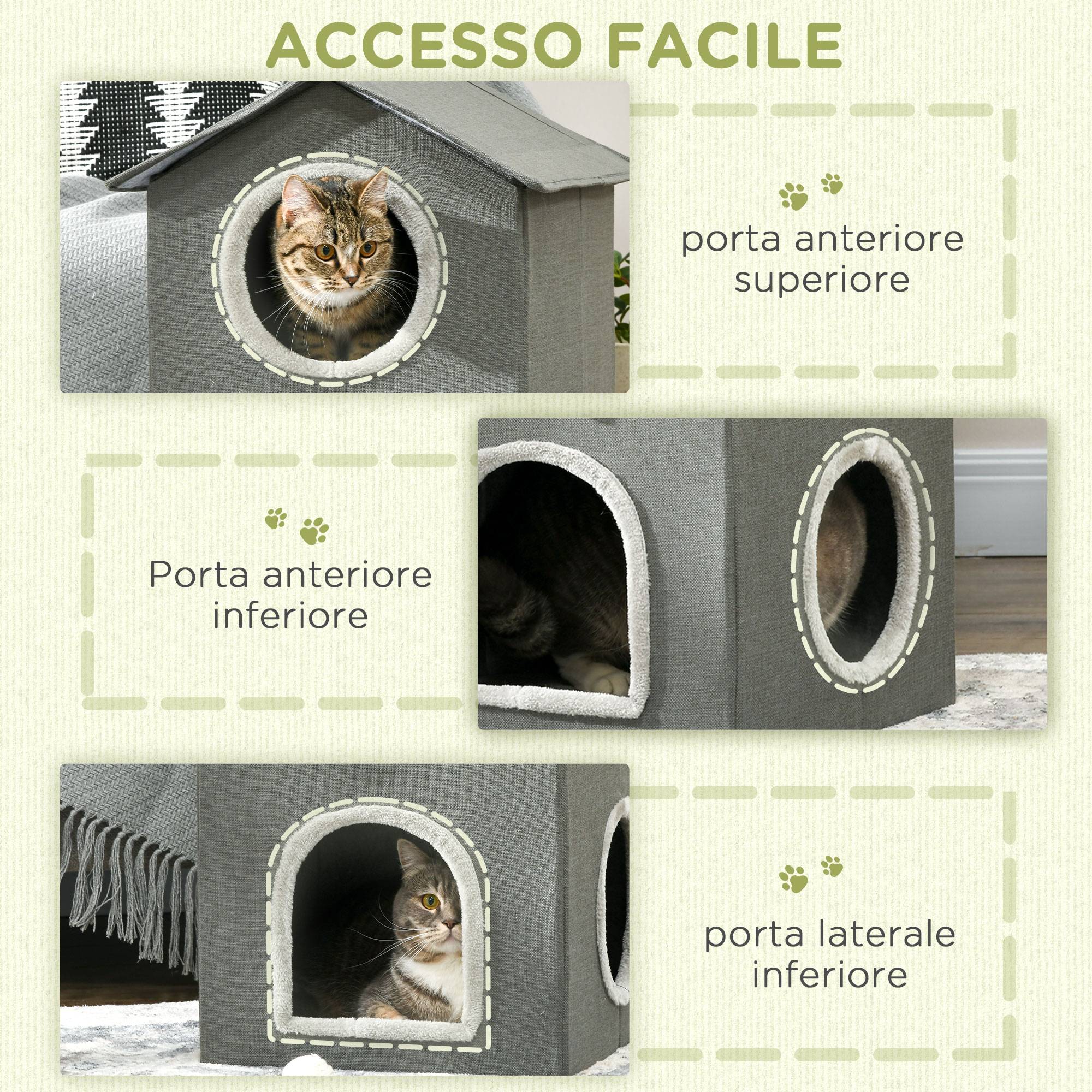 Maison pour chat à deux niveaux avec coussins lavables, 3 entrées, 42 x 46 x 59,5 cm, grise - Image 8