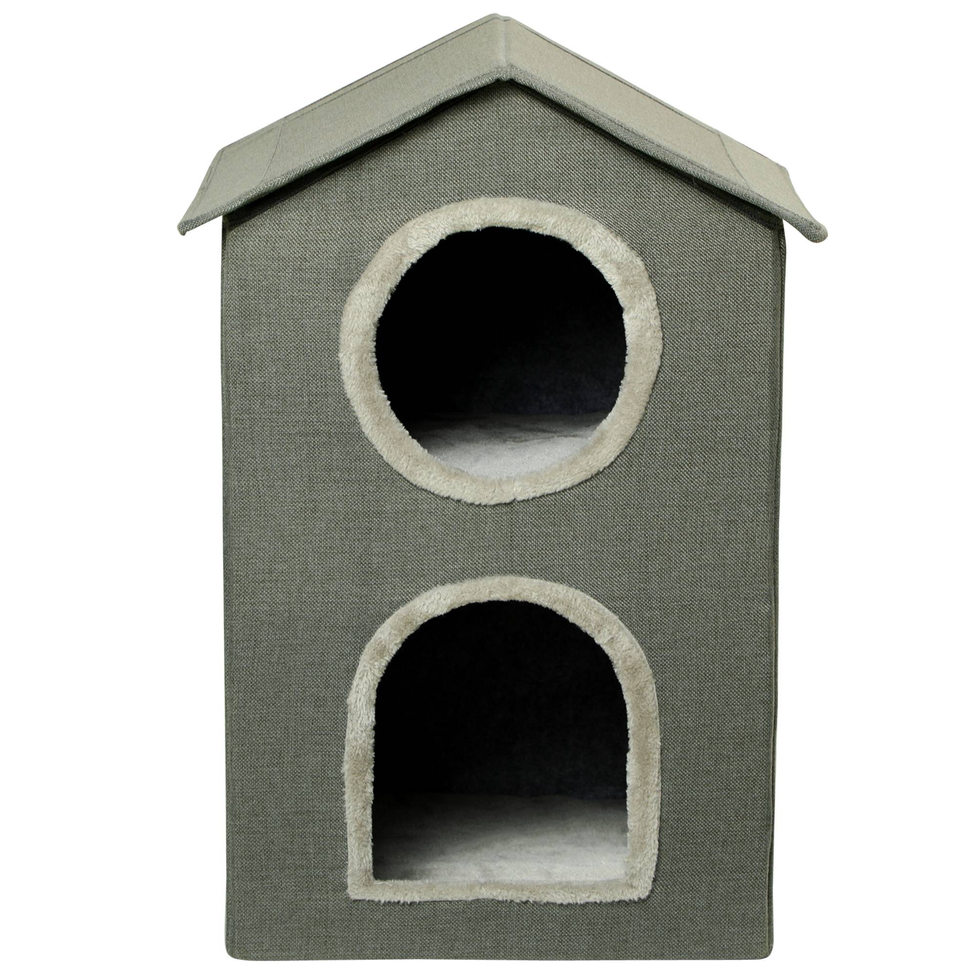 Maison pour chat à deux niveaux avec coussins lavables, 3 entrées, 42 x 46 x 59,5 cm, grise - Image 2