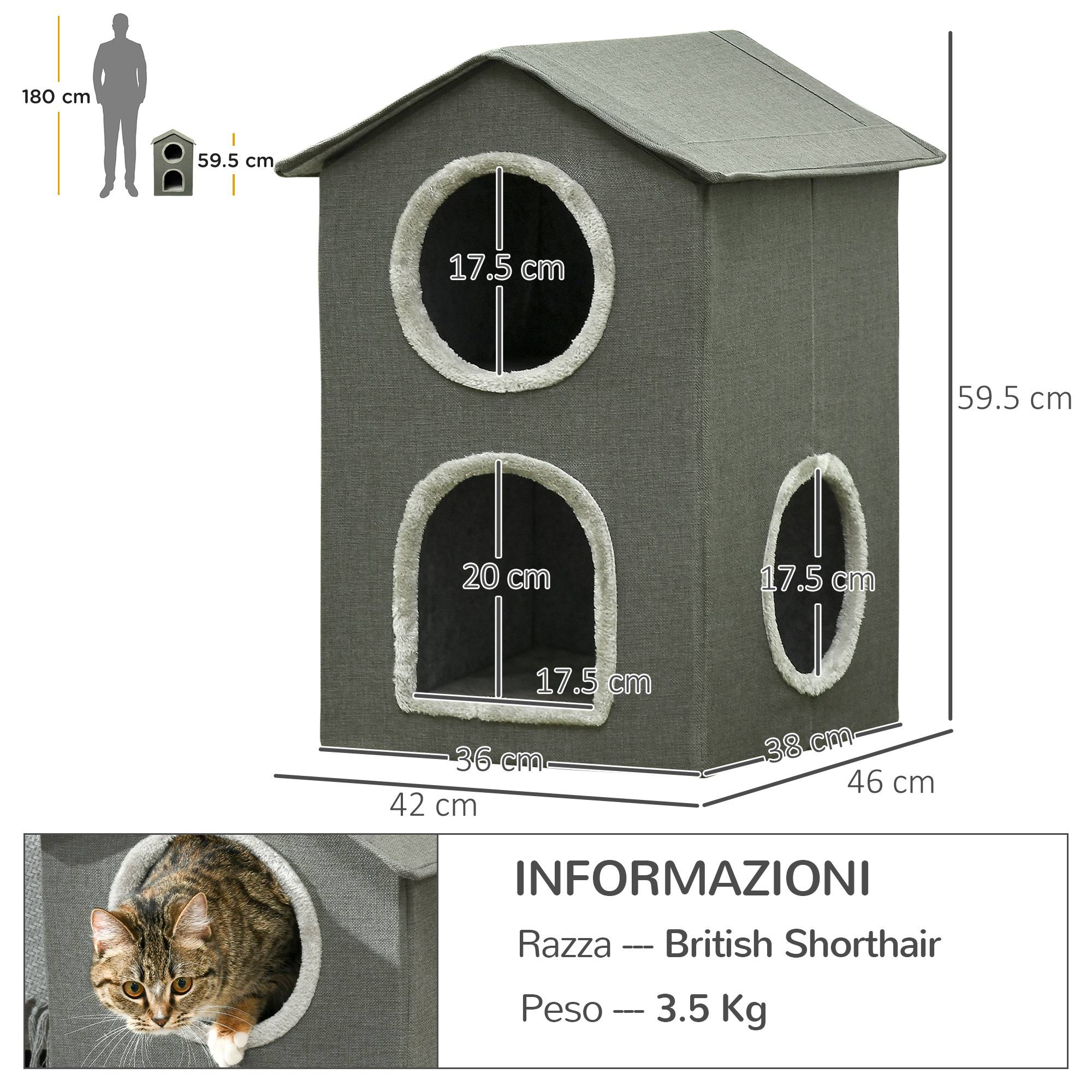 Maison pour chat à deux niveaux avec coussins lavables, 3 entrées, 42 x 46 x 59,5 cm, grise - Image 5