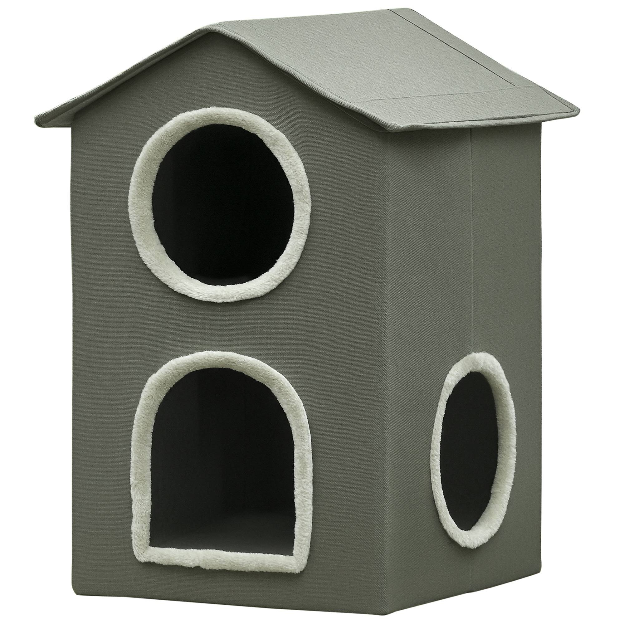 Maison pour chat à deux niveaux avec coussins lavables, 3 entrées, 42 x 46 x 59,5 cm, grise - Image 1