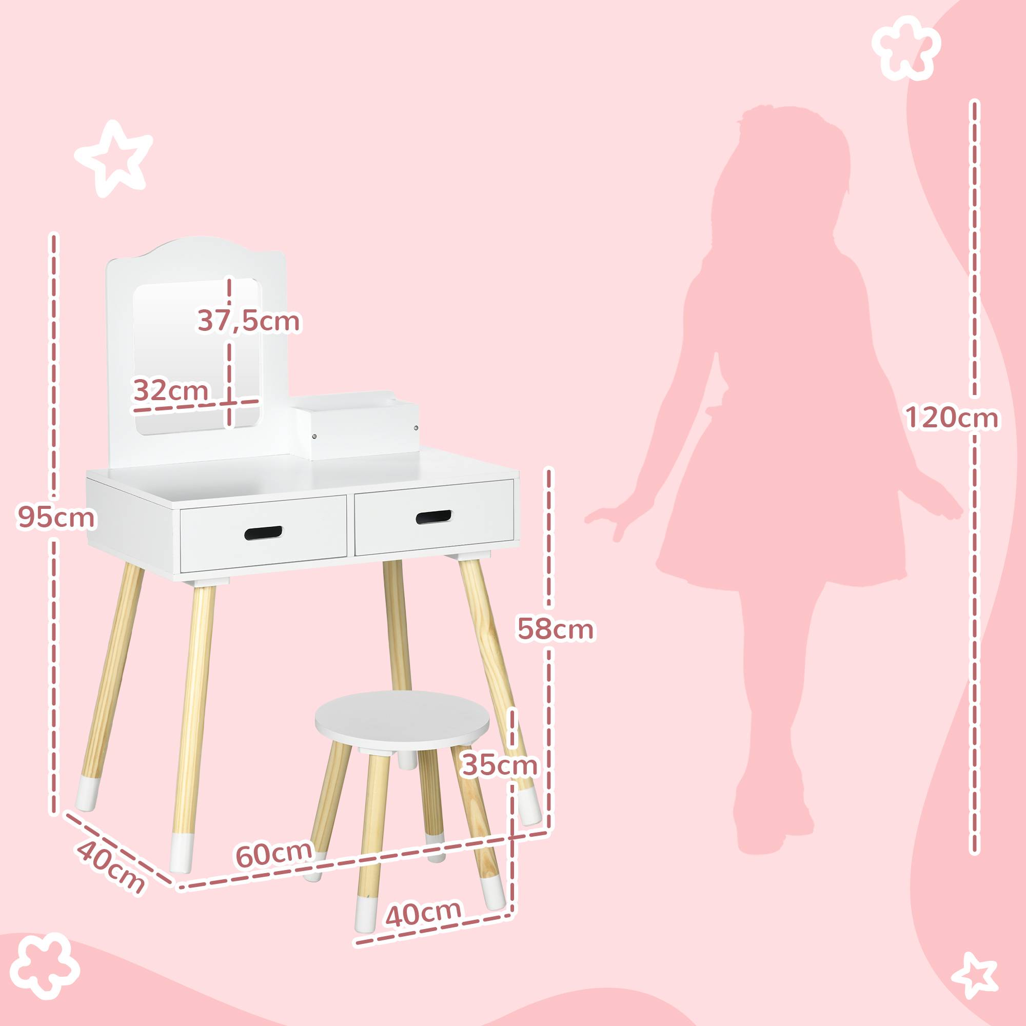 Sans Marque - Coiffeuse enfant table de maquillage avec tabouret miroir et 2 tiroirs 3 à 6 ans 60 x 40 x 95 cm blanc et bois - Image 5
