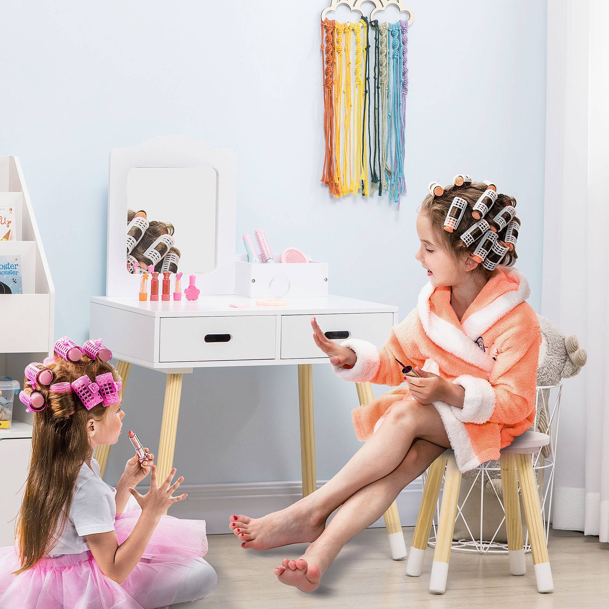 Sans Marque - Coiffeuse enfant table de maquillage avec tabouret miroir et 2 tiroirs 3 à 6 ans 60 x 40 x 95 cm blanc et bois - Image 4