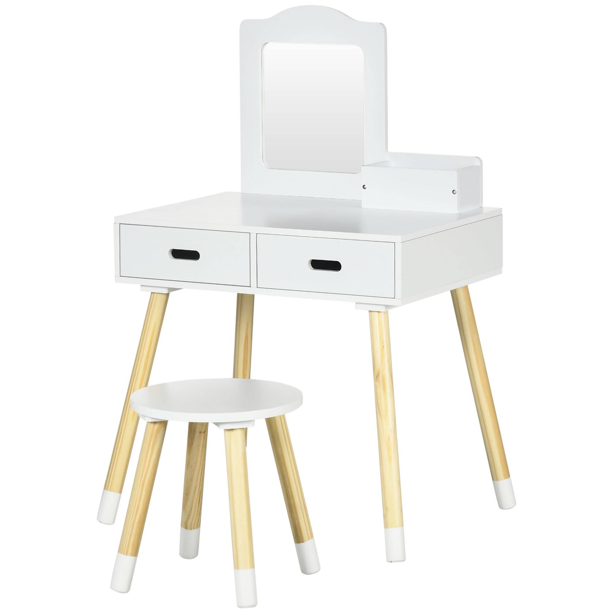 Sans Marque - Coiffeuse enfant table de maquillage avec tabouret miroir et 2 tiroirs 3 à 6 ans 60 x 40 x 95 cm blanc et bois - Image 2