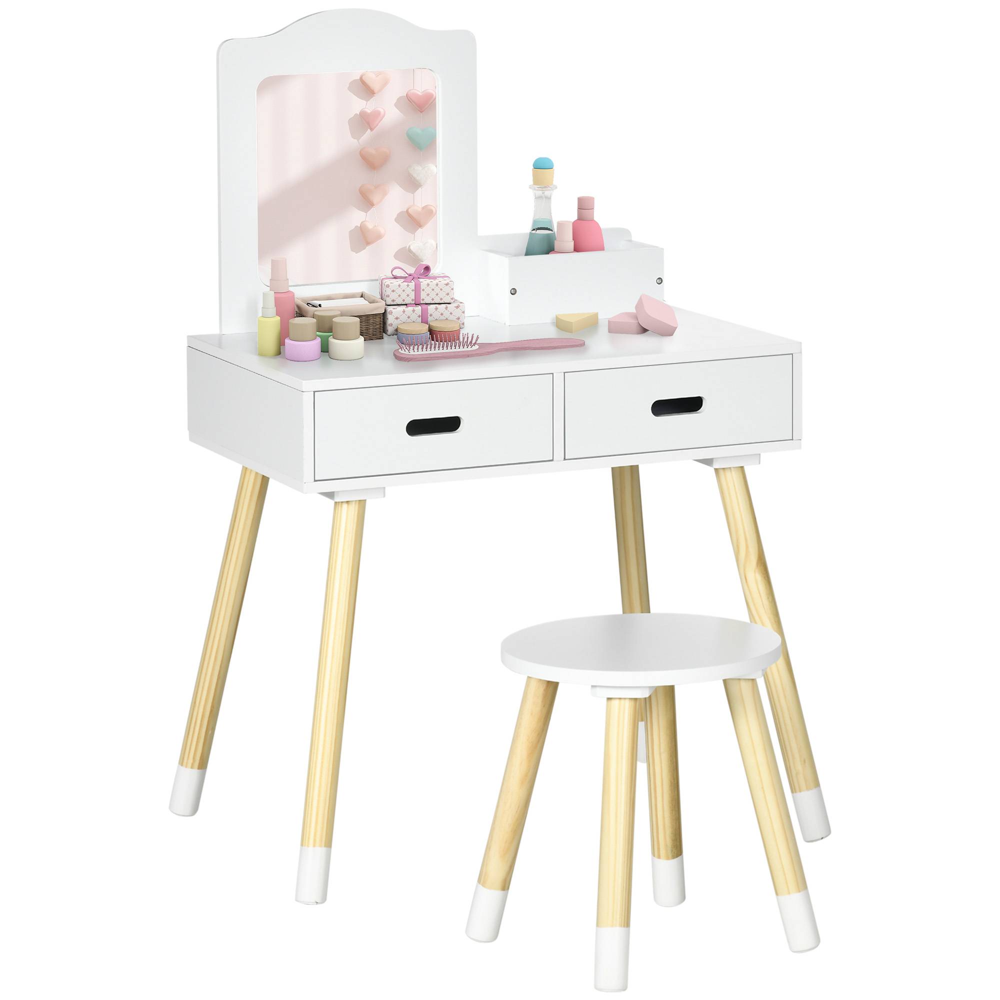 Sans Marque - Coiffeuse enfant table de maquillage avec tabouret miroir et 2 tiroirs 3 à 6 ans 60 x 40 x 95 cm blanc et bois - Image 1