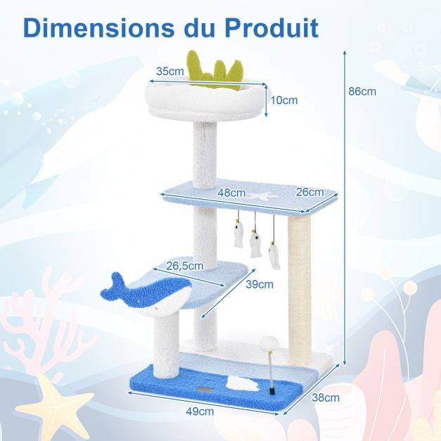 Arbre à chat sur le thème de l'océan centre d'activités à 3 niveaux avec griffoirs recouverts de sisal jouets suspendus pour chats d'intérieur bleu - Image 3