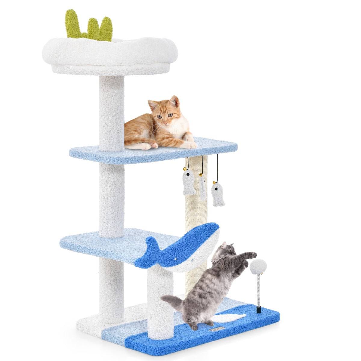 Arbre à chat sur le thème de l'océan centre d'activités à 3 niveaux avec griffoirs recouverts de sisal jouets suspendus pour chats d'intérieur bleu - Image 1