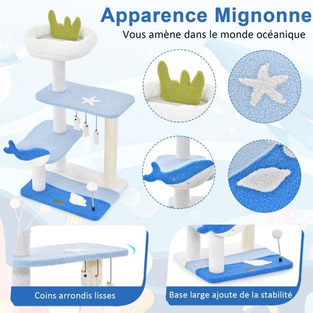 Arbre à chat sur le thème de l'océan centre d'activités à 3 niveaux avec griffoirs recouverts de sisal jouets suspendus pour chats d'intérieur bleu - Image 2