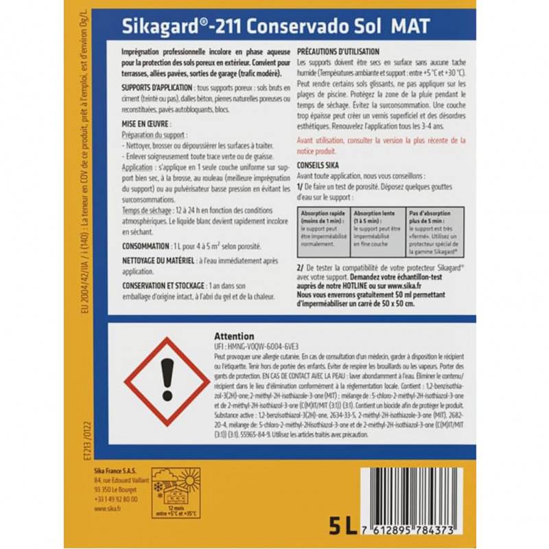 Imprégnation hydrofuge oléofuge Sikagard-211 Conservado Sol Mat 5L SIKA - Image 2