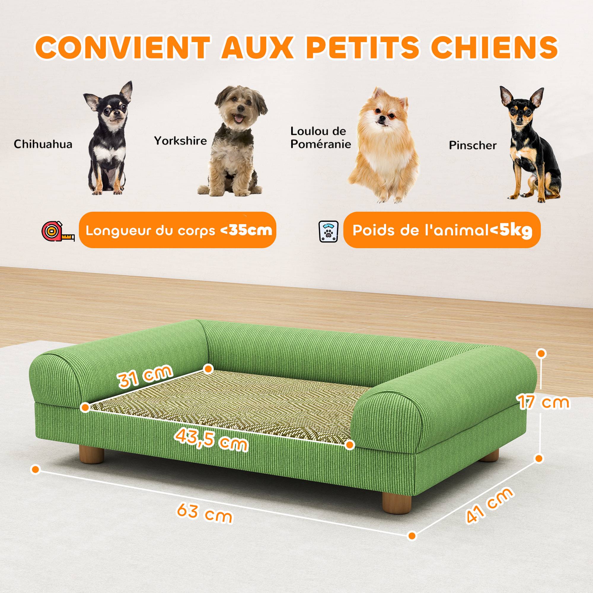 Sans Marque - Canapé pour chien chat lit pour chien surélevé, assise de tapis frais, accoudoirs, en velours doux 63 x 41 x 17 cm, vert - Image 5