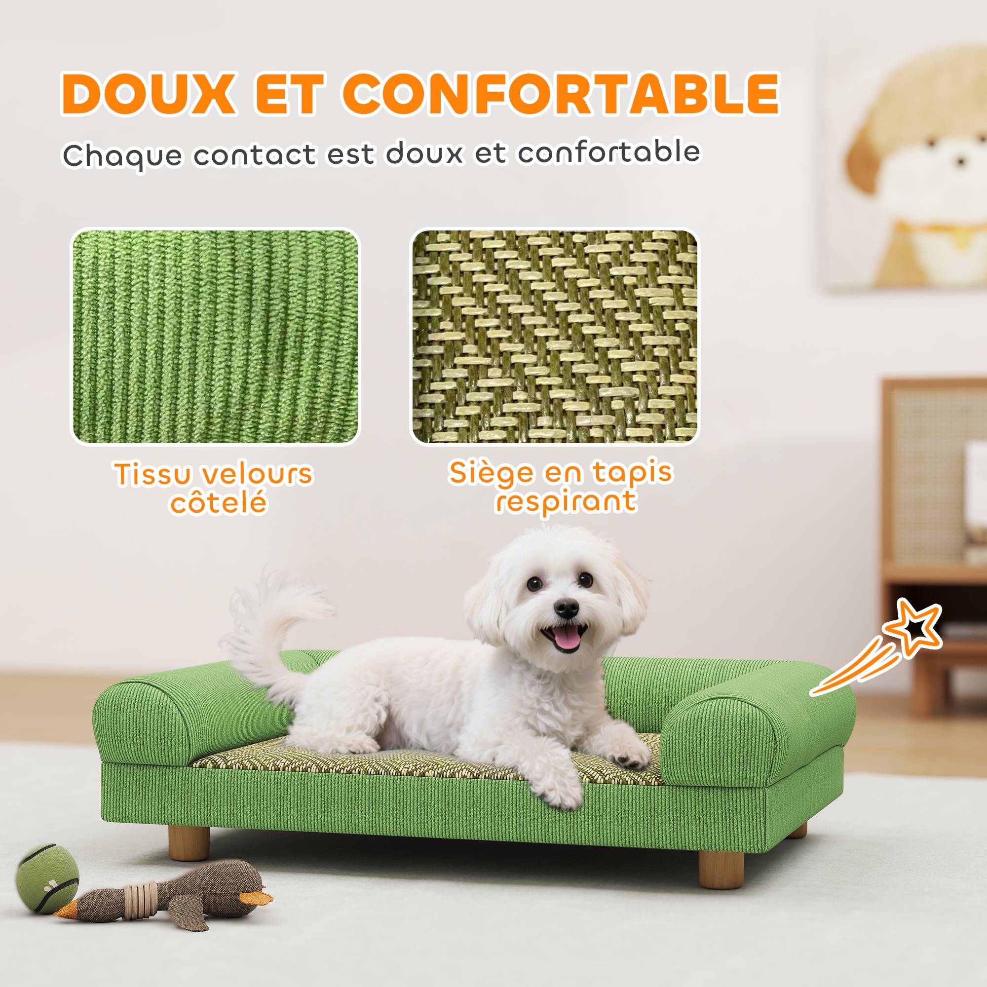 Sans Marque - Canapé pour chien chat lit pour chien surélevé, assise de tapis frais, accoudoirs, en velours doux 63 x 41 x 17 cm, vert - Image 6