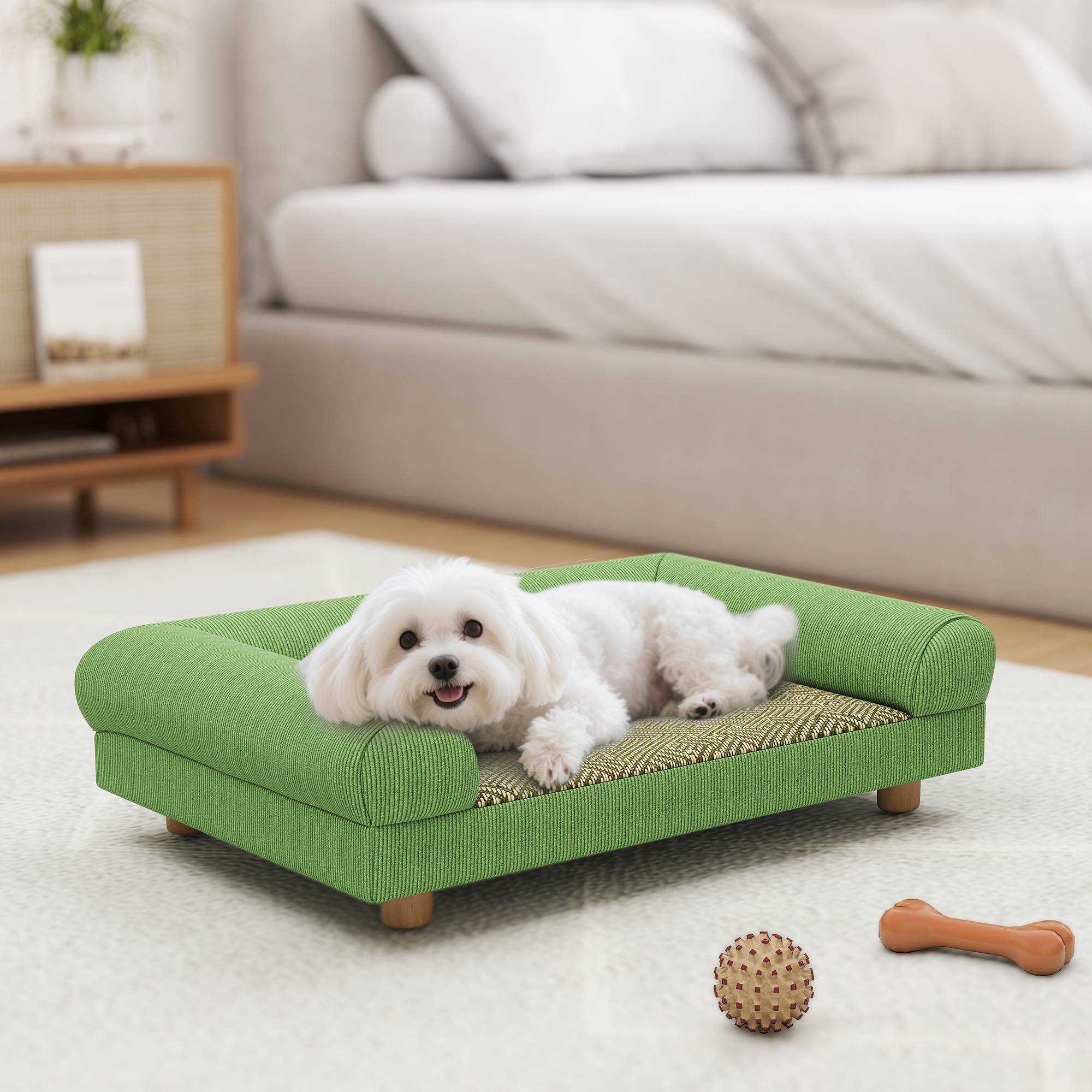 Sans Marque - Canapé pour chien chat lit pour chien surélevé, assise de tapis frais, accoudoirs, en velours doux 63 x 41 x 17 cm, vert - Image 4