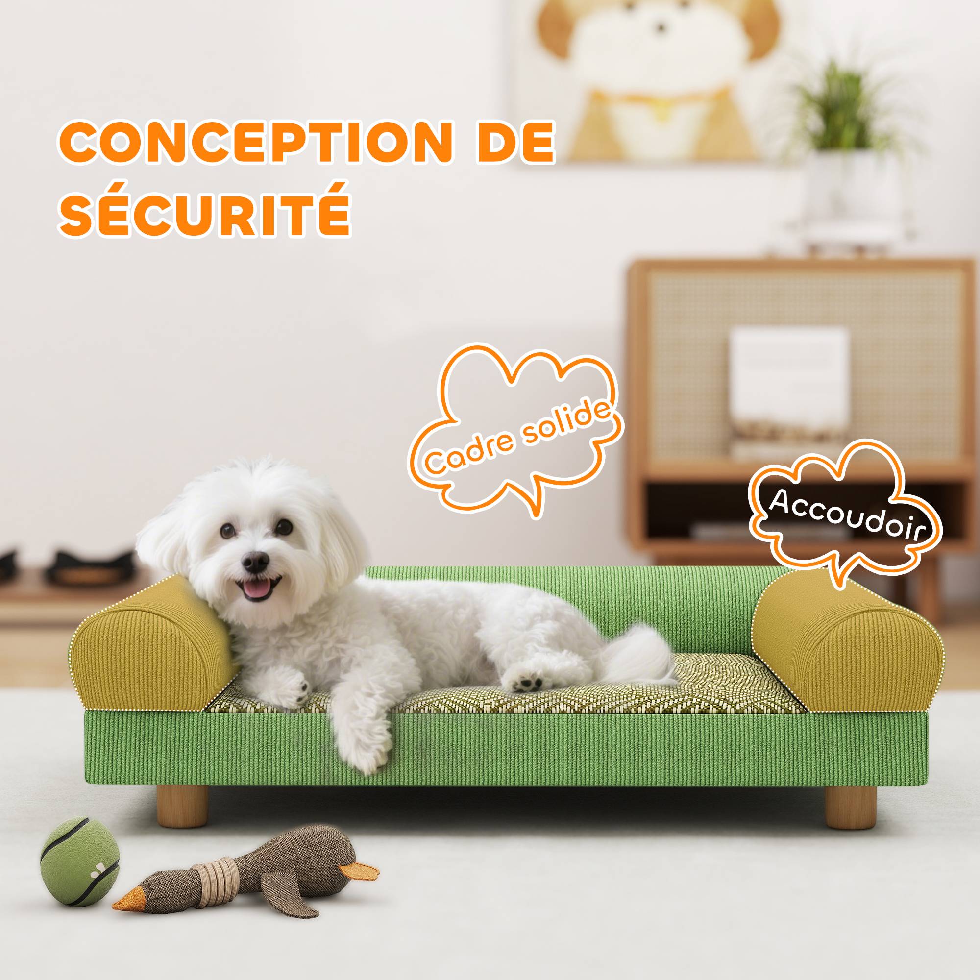 Sans Marque - Canapé pour chien chat lit pour chien surélevé, assise de tapis frais, accoudoirs, en velours doux 63 x 41 x 17 cm, vert - Image 7