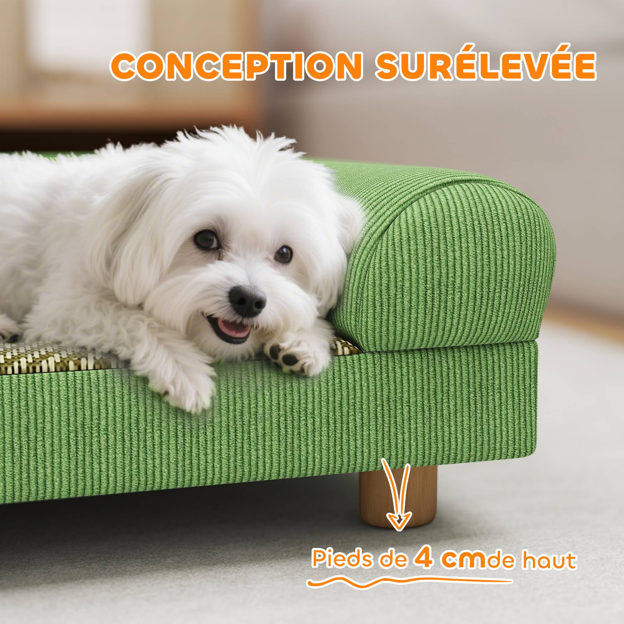 Sans Marque - Canapé pour chien chat lit pour chien surélevé, assise de tapis frais, accoudoirs, en velours doux 63 x 41 x 17 cm, vert - Image 8
