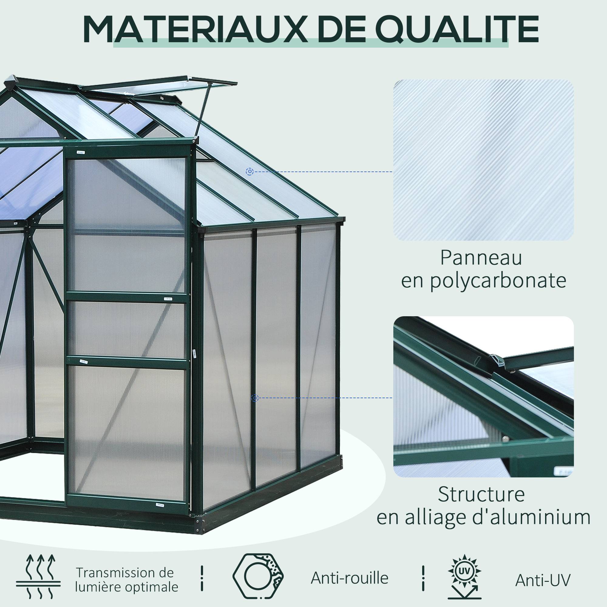 Serre de jardin Polycarbonate 3,6m² Aluminium avec base et gouttière 190x192x201cm Vert Foncé - ComfortXL Outdoor Living - Image 7