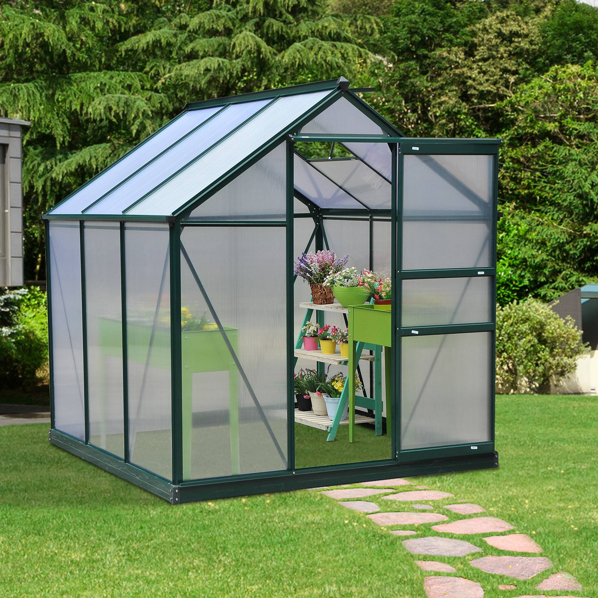 Serre de jardin Polycarbonate 3,6m² Aluminium avec base et gouttière 190x192x201cm Vert Foncé - ComfortXL Outdoor Living - Image 4