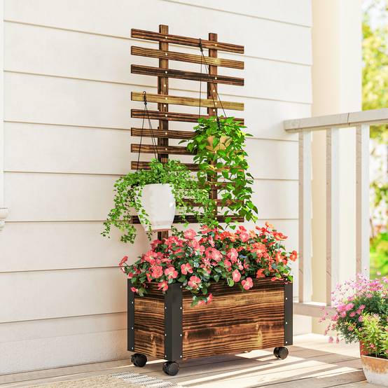 Jardinière treillis roulettes bois pin balcon terrasse paravent mobile 65x31x147cm marron - ComfortXL Outdoor Living - Image 10