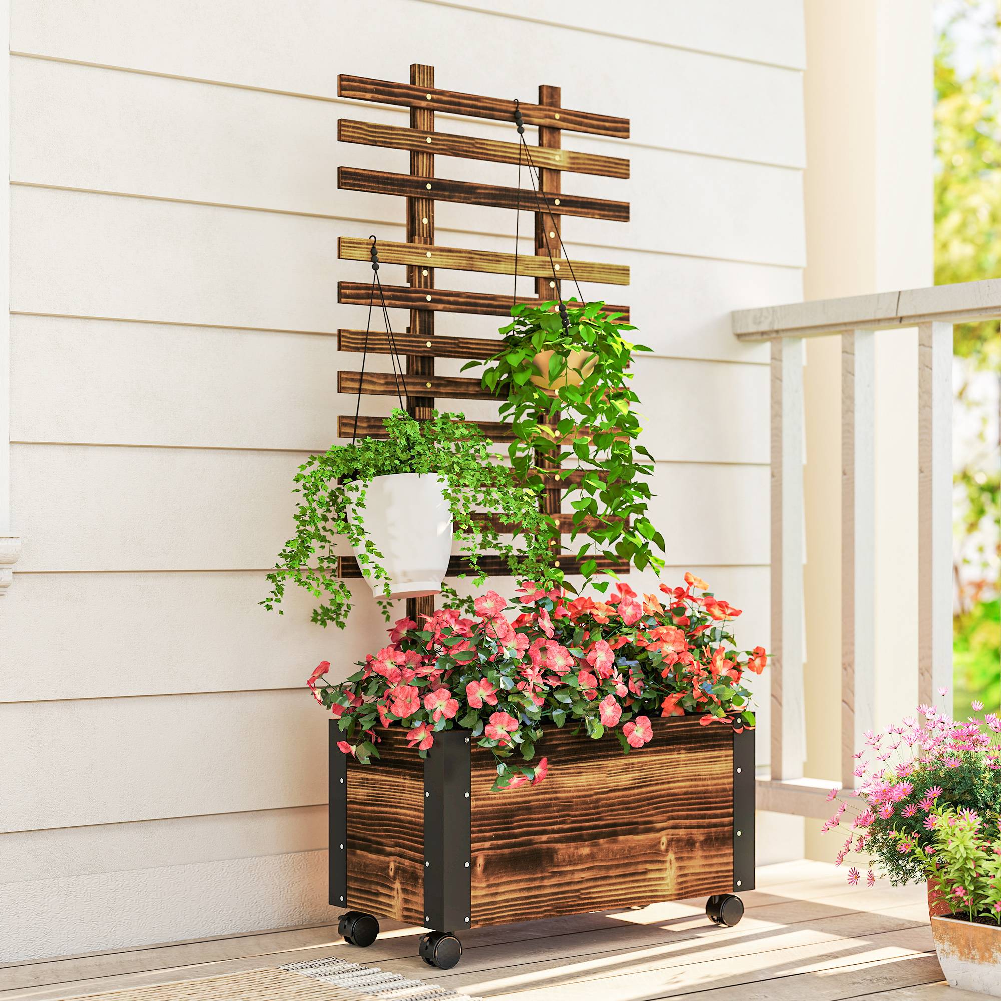 Jardinière treillis roulettes bois pin balcon terrasse paravent mobile 65x31x147cm marron - ComfortXL Outdoor Living - Image 10