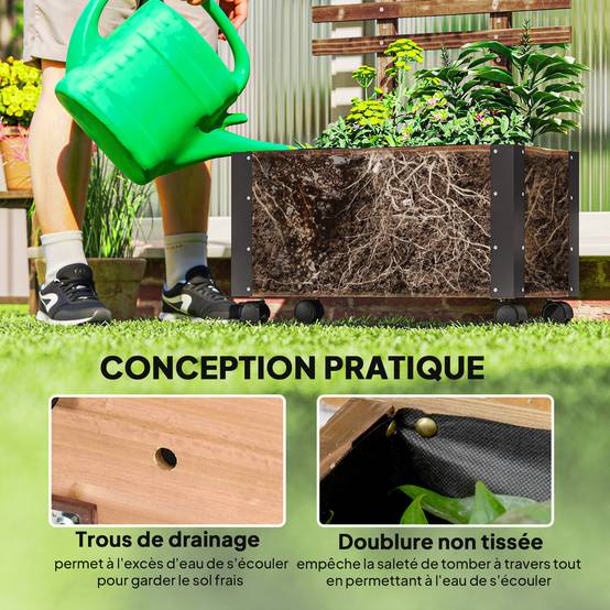Jardinière treillis roulettes bois pin balcon terrasse paravent mobile 65x31x147cm marron - ComfortXL Outdoor Living - Image 9