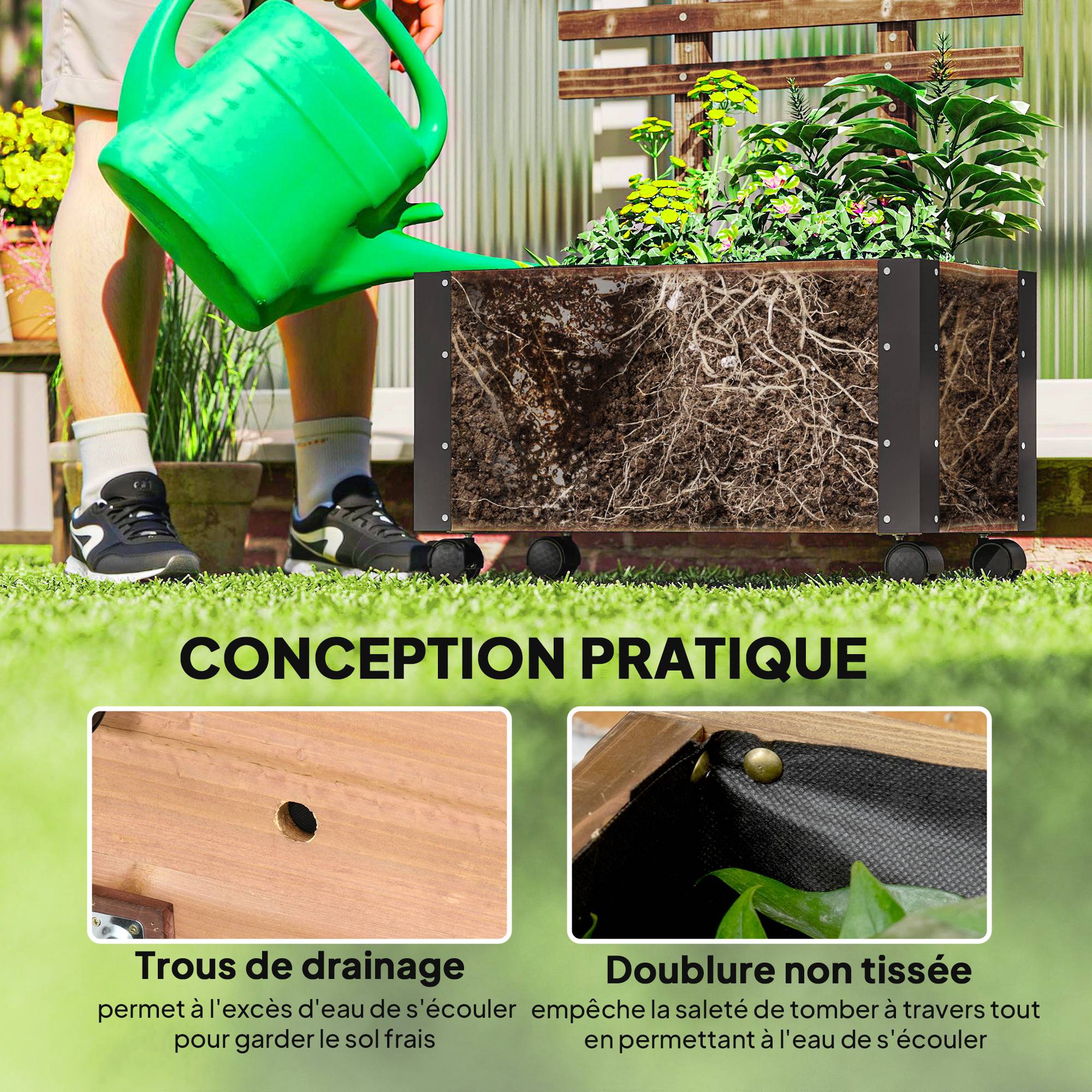 Jardinière treillis roulettes bois pin balcon terrasse paravent mobile 65x31x147cm marron - ComfortXL Outdoor Living - Image 9