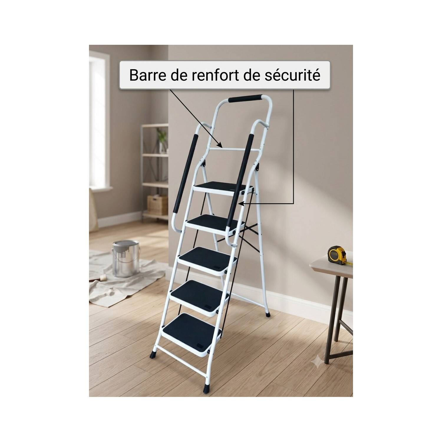 Escabeau avec main courante BM Médical ESC-5-MC-RENFORT, 5 marches - Échelle multi-usage Intérieur/Extérieur, avec renfort - Image 4