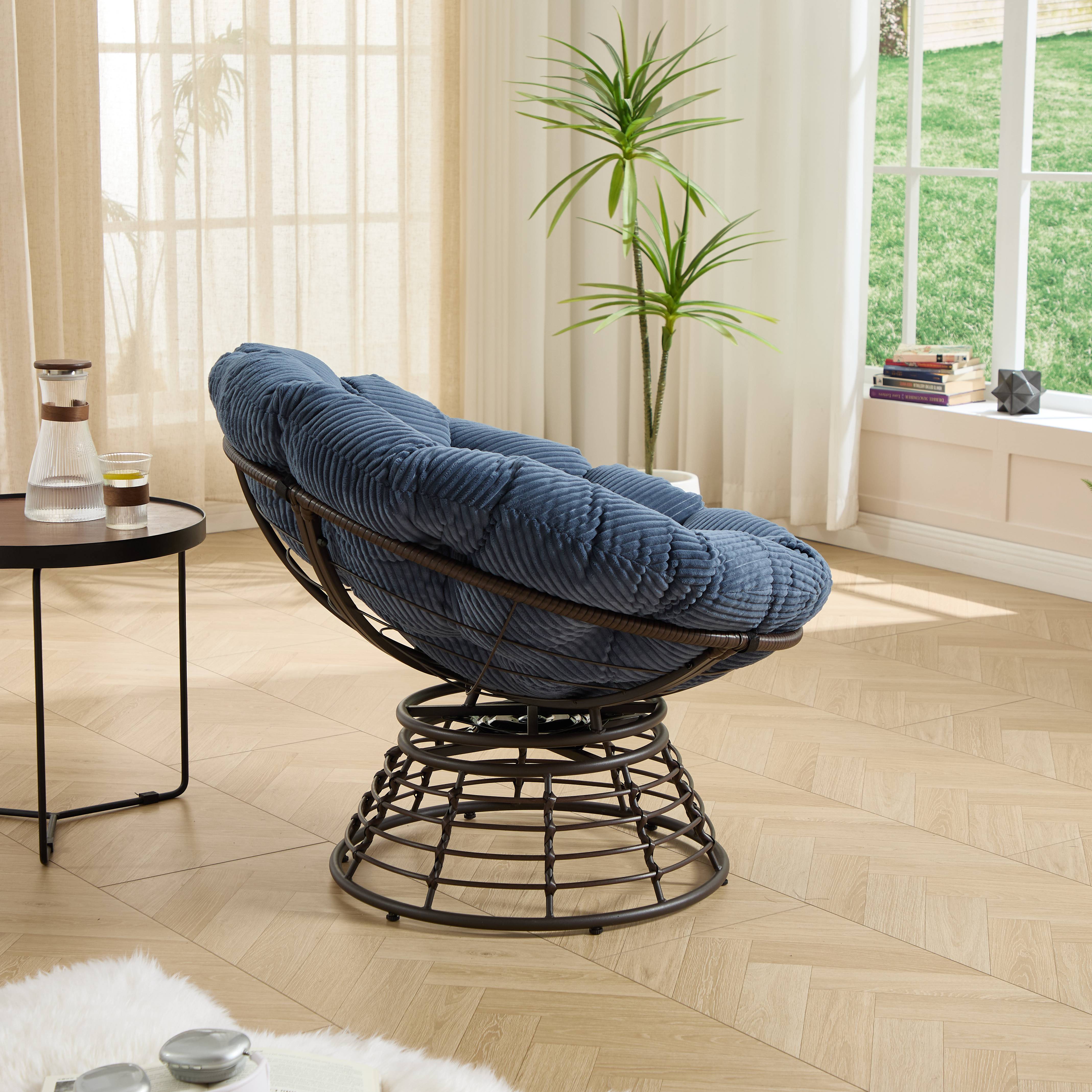 Chaise Papasan en osier pivotante 360° cadre marron coussin bleu marine Comforta confortable pour intérieur extérieur - Image 7