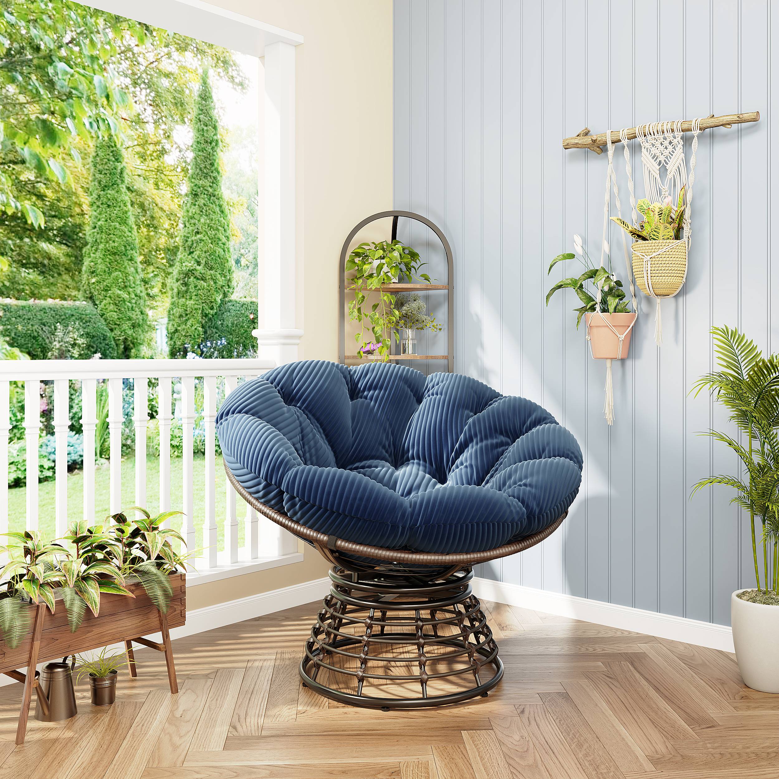 Chaise Papasan en osier pivotante 360° cadre marron coussin bleu marine Comforta confortable pour intérieur extérieur - Image 2