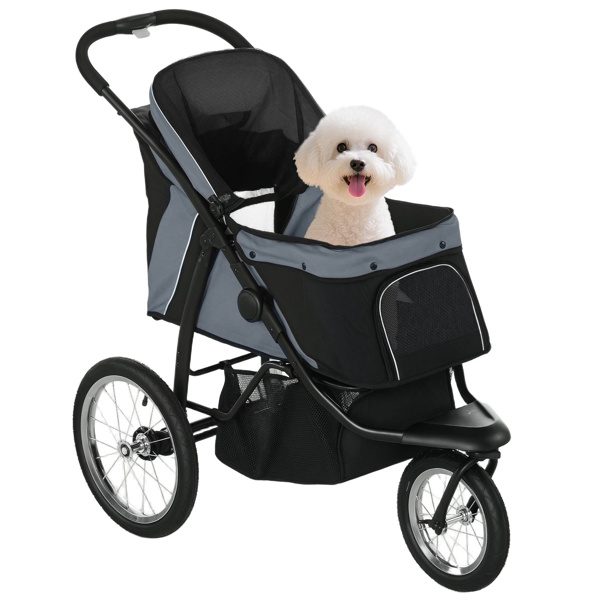 Poussette pour chien de petite à moyenne taille avec panier de rangement, capote réglable et fenêtre en filet, 111 x 58 x 107 cm, grise - Image 1