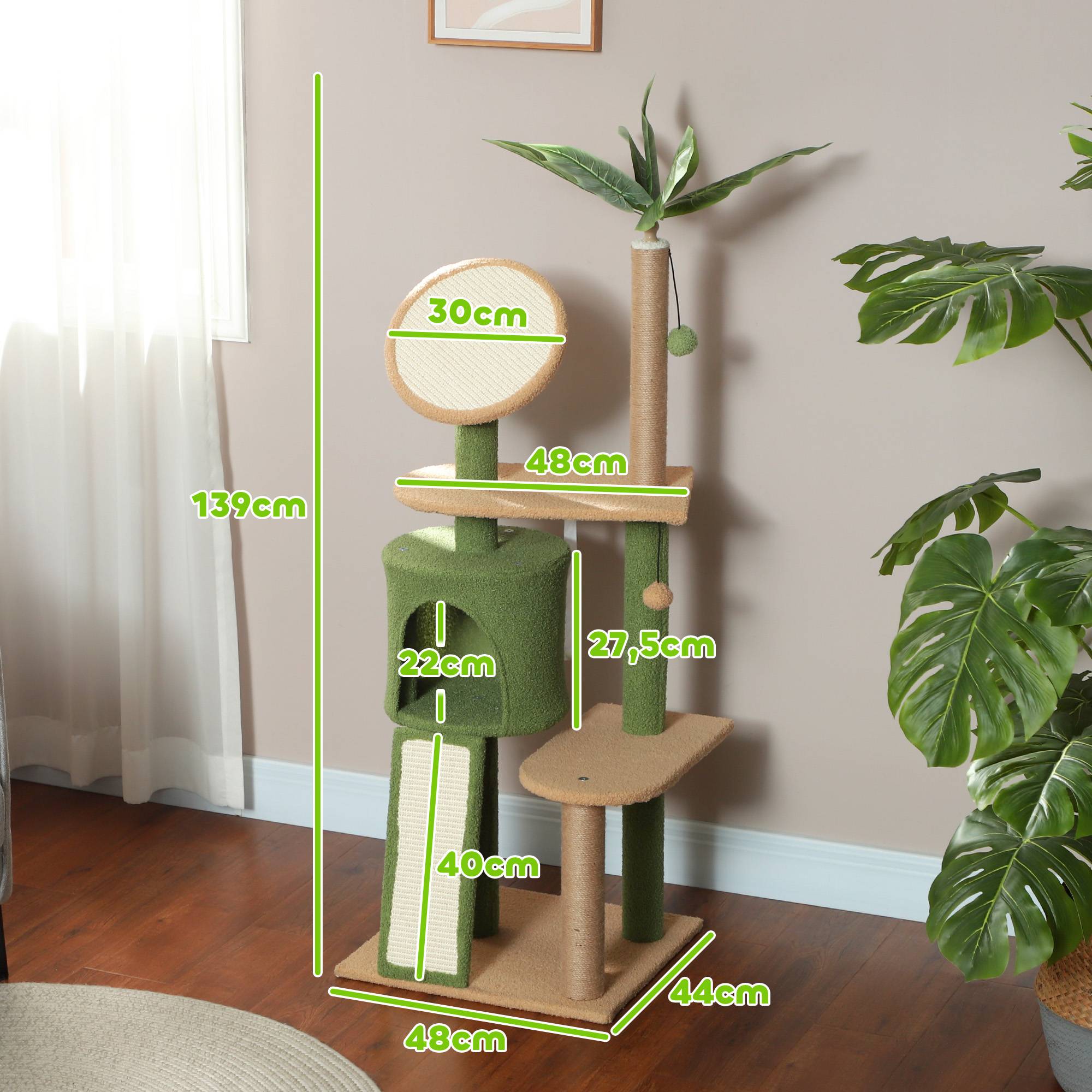 Arbre à Chat Design Naturel Sisal et Peluche Griffoir avec Cachette Jouet Vert 139cm - ComfortXL Pet Living - Image 3
