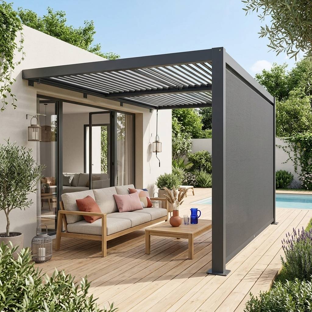 sweeek - Pergola bioclimatique aluminium adossée 4x3m anthracite + 1 auvent 4m Palace | sweeek