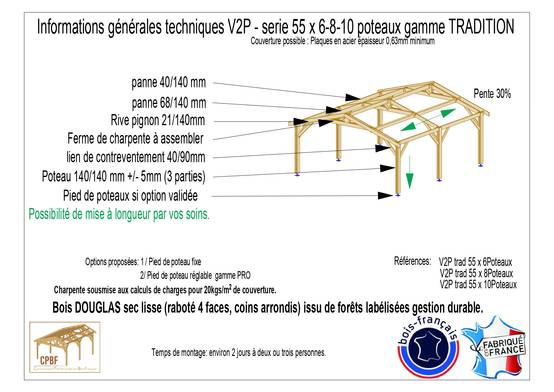 Cpbf Charpentes - Carport bois 2 pentes en bois douglas 44 m², 8 poteaux. Abri voiture extérieur. Garantie 10 ans. - Image 6
