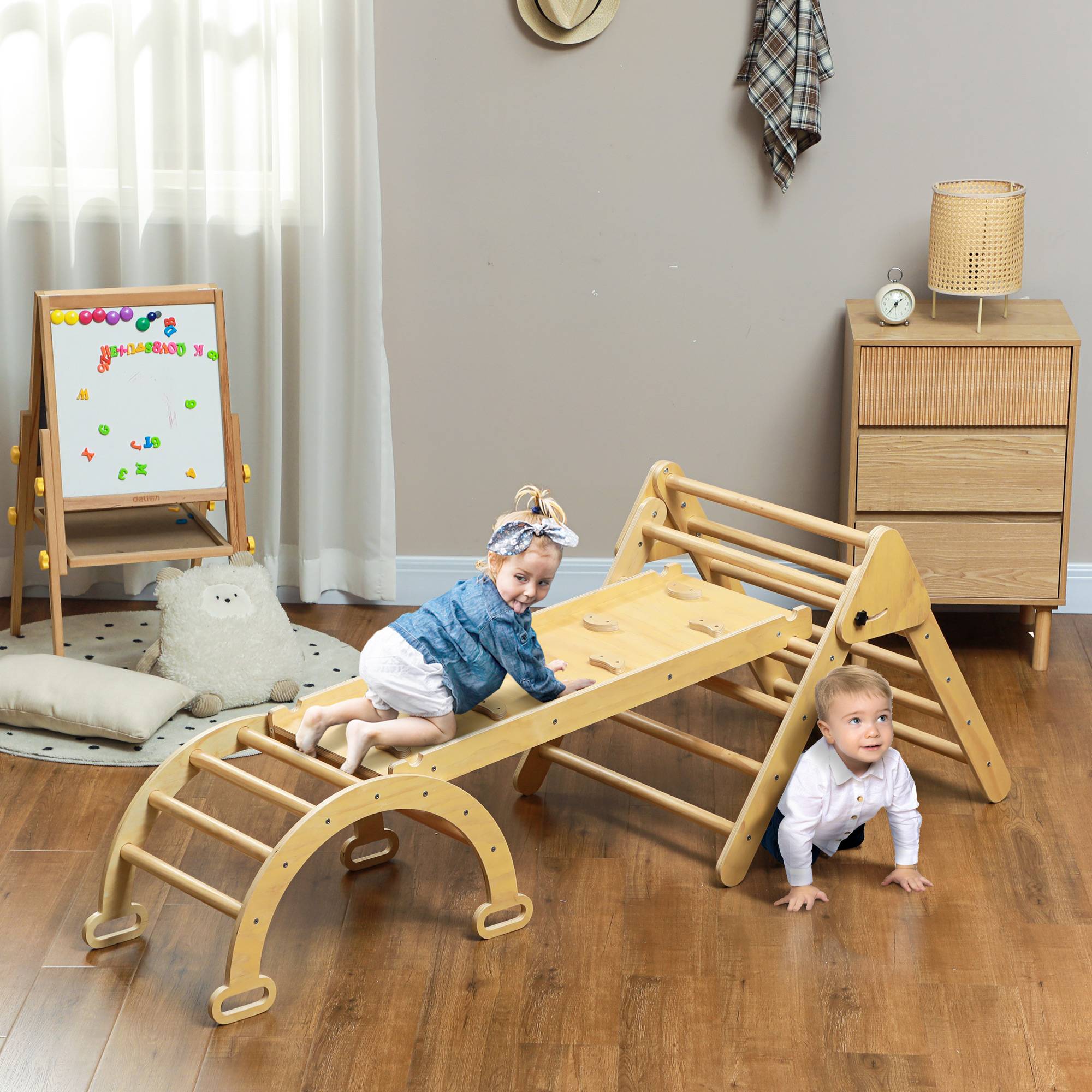 Triangle d’escalade pliable 5-en-1 en bois naturel rampe multi-usages 178 × 64,5 × 63 cm - Image 3