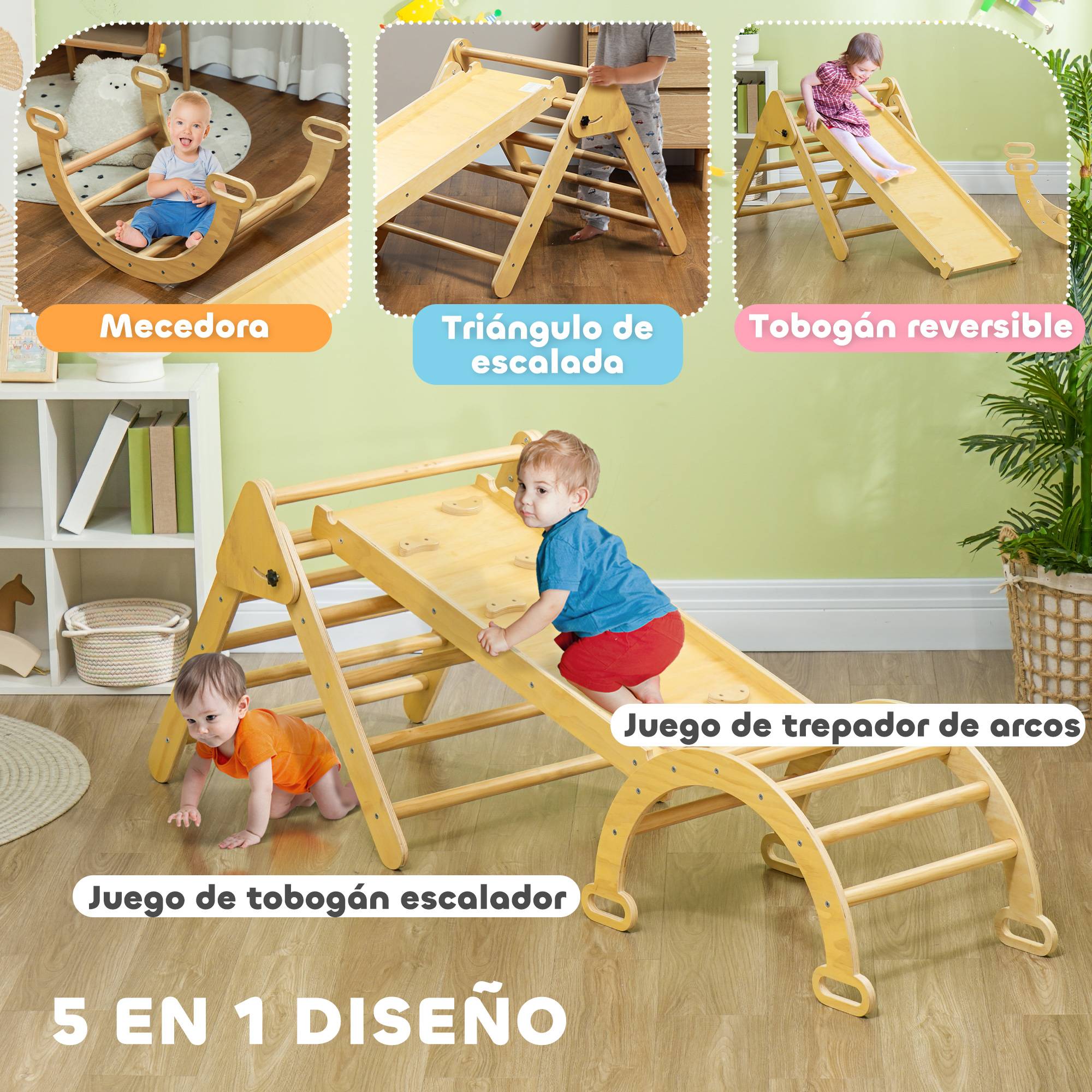 Triangle d’escalade pliable 5-en-1 en bois naturel rampe multi-usages 178 × 64,5 × 63 cm - Image 6