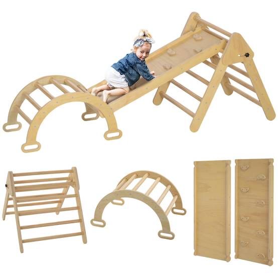 Triangle d’escalade pliable 5-en-1 en bois naturel rampe multi-usages 178 × 64,5 × 63 cm - Image 1