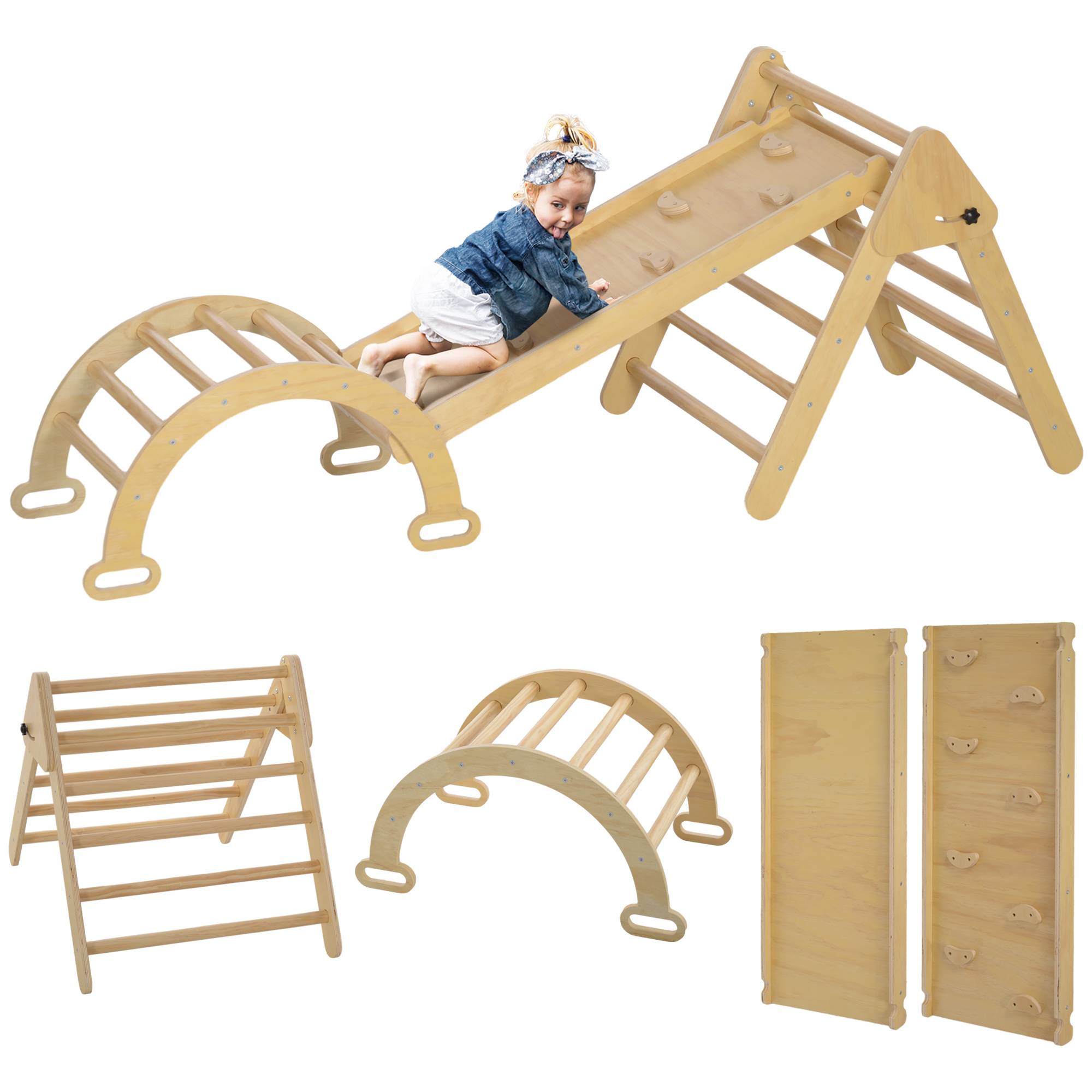 Triangle d’escalade pliable 5-en-1 en bois naturel rampe multi-usages 178 × 64,5 × 63 cm - Image 1