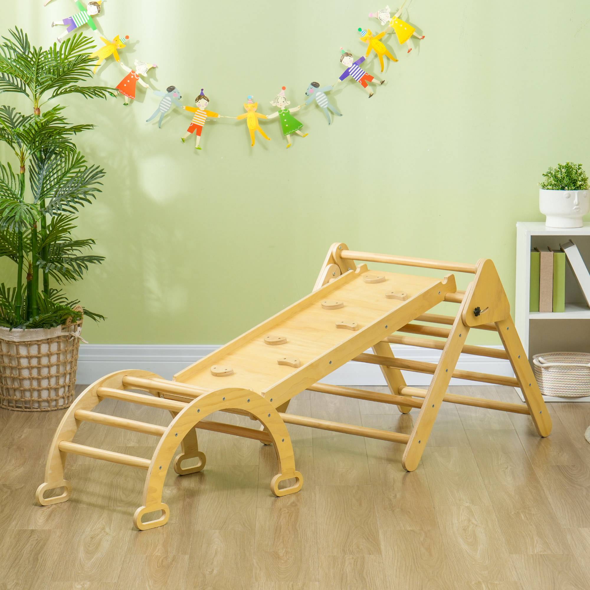 Triangle d’escalade pliable 5-en-1 en bois naturel rampe multi-usages 178 × 64,5 × 63 cm - Image 4