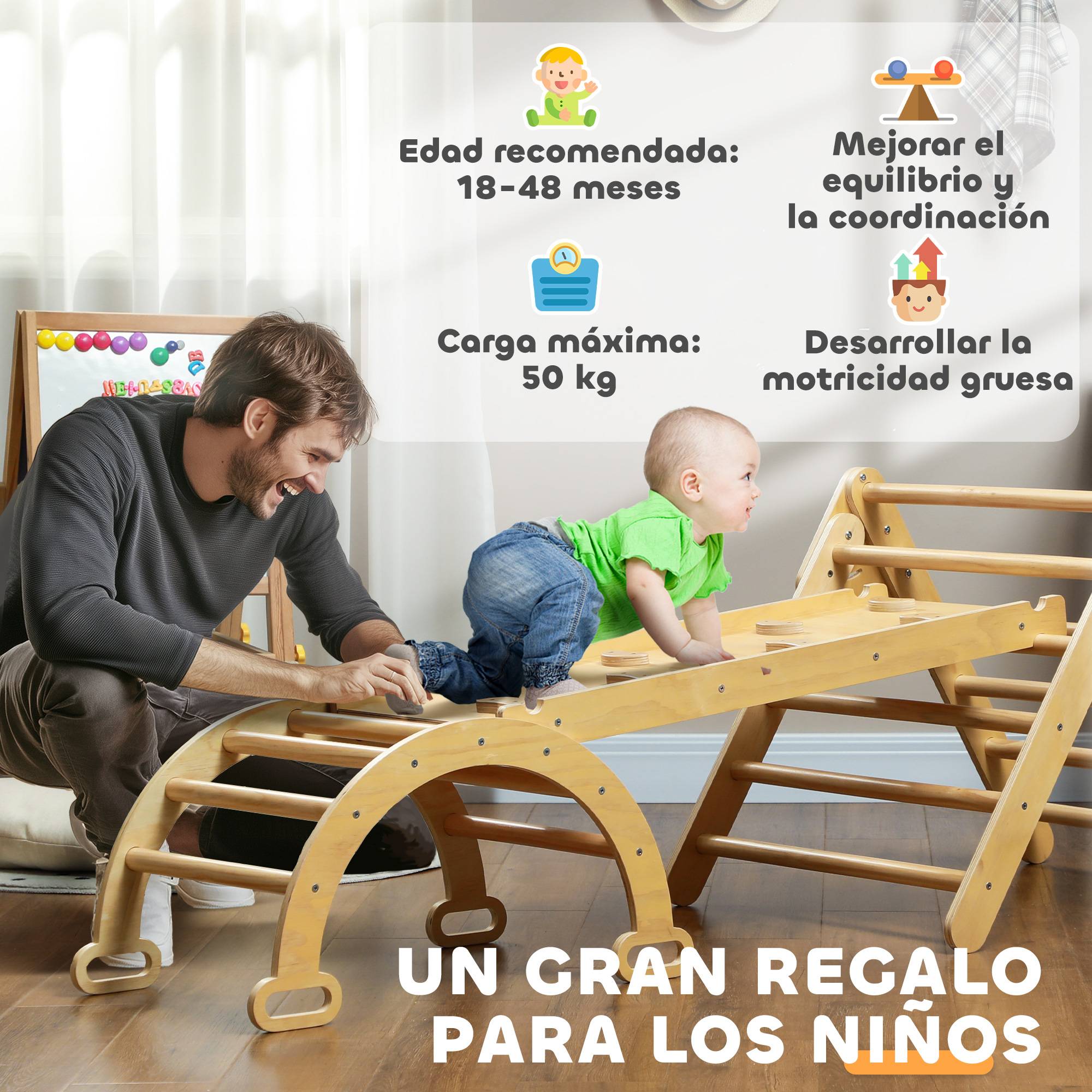 Triangle d’escalade pliable 5-en-1 en bois naturel rampe multi-usages 178 × 64,5 × 63 cm - Image 10